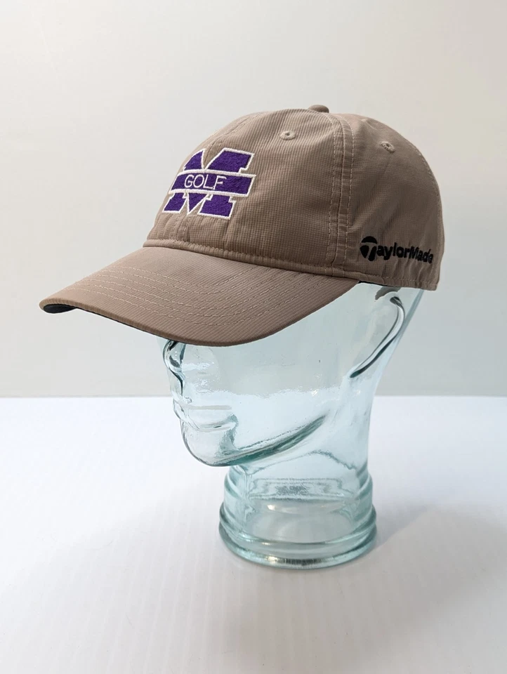 Chapéu de golfe Mount Union Purple Raiders boné TaylorMade cáqui roxo logotipo RARO - Imagem 2 de 4