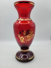 Vintage Bohemian Ruby Red Glass Vase with Gold Floral and Leaf Designs 20cm Tall