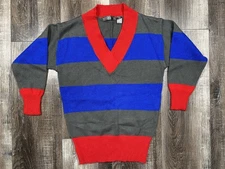 Vintage Gitano V-Neck Sweater Size Medium Red Blue Gray Striped Knit Color Block
