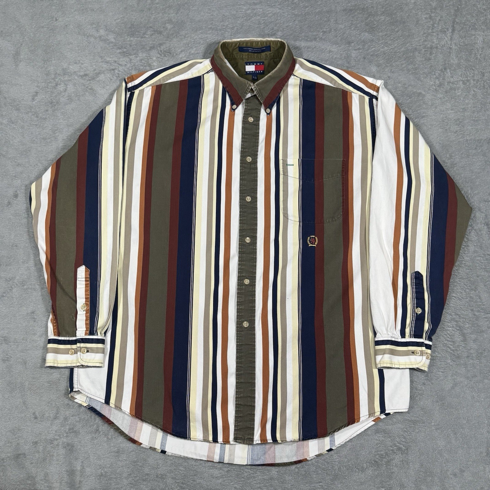 Tommy Hilfiger Mens L Multicolor Stripe Button Down Shirt Classic Y2K Retro 90s