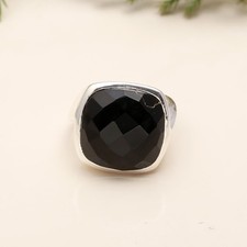 925 Sterling Silver Cushion Black Onyx Faceted Solitaire Women Ring