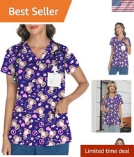 Women's V Neck Printed Scrub Top with 3 Pockets
