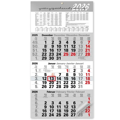 KAMBER OFFICE 3-Monatskalender 2026 grau – großer Wandkalender mit Schieber & Jahreskalender