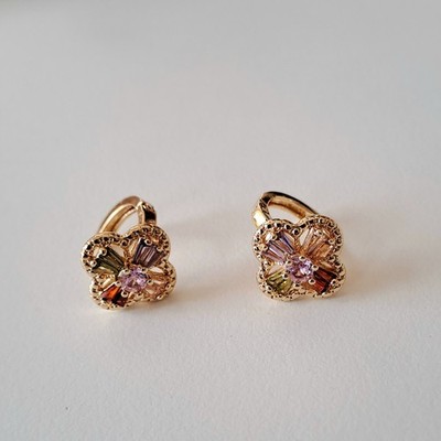 Vintage Goldplated Brass Earrings,flower Earrings, With Colourful Zircons