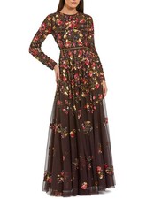Mac Duggal Womens Long Sleeve Floral Embellished Evening Gown 14 Espresso Multi