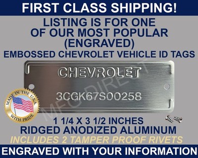 CHEVY CHEVROLET SERIAL NUMBER DOOR TAG DATA PLATE ENGRAVED WITH YOUR INFO USA