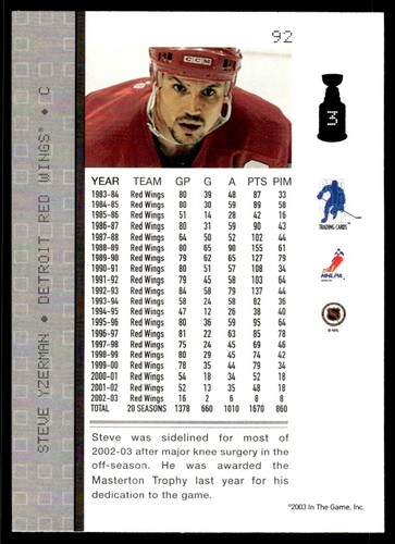 2003-04 Be a Player Memorabilia Steve Yzerman Detroit Red Wings #92 - Picture 2 of 2