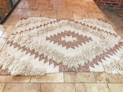 Neu Marokkanischer 100% Wolle TEPPICH GEWEBT Creme Hochflor Boho Leicht TEPPICH 236 x 165 cm