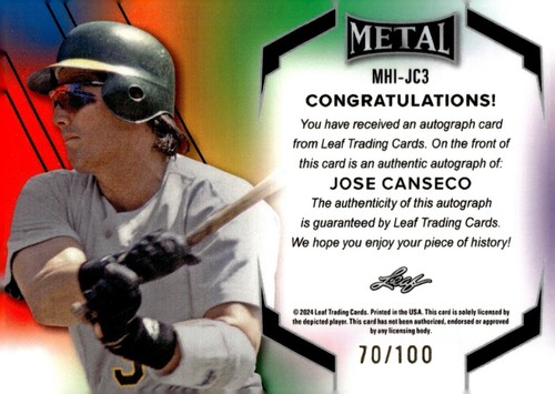 2024 Leaf Metal Inscriptions Jose Canseco /100 Auto Autograph - Picture 2 of 2