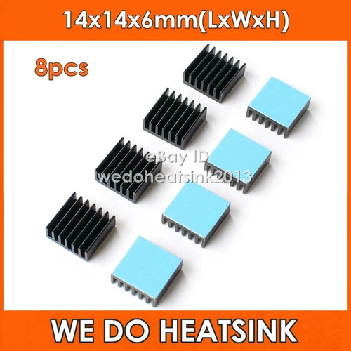 8pcs Aluminum Heatsink 14x14x6mm Black Ram Chip Radiator Cooler DIY With Tape