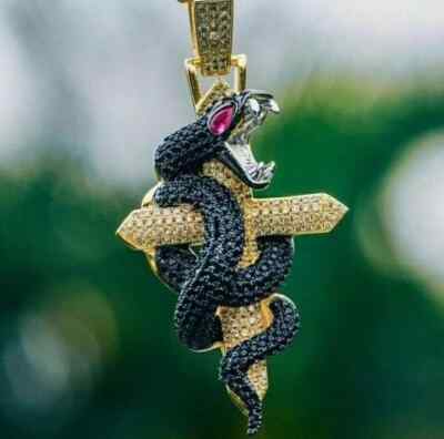 3CT Round Cut Lab Created Onyx Python Snake Cross Pendant 14K Yellow Gold Plated