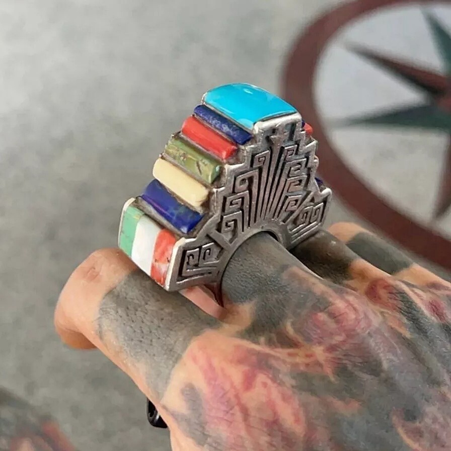 Large Solid Sterling Silver Ring with Turquoise &… - image 1