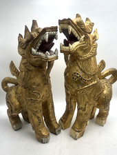Old Burmese Carved Gilt Buddhist Temple Guardian Lions Chinthe Foo Dogs Lg Pair
