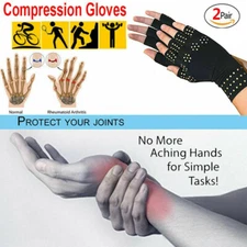 2 Pairs Copper Arthritis Compression Gloves Fit Carpal Tunnel Hand Brace Support