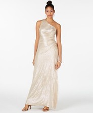 CALVIN KLEIN Gold One-Shoulder Ruched Beaded Gown Maxi Dress Size 10 New NWT