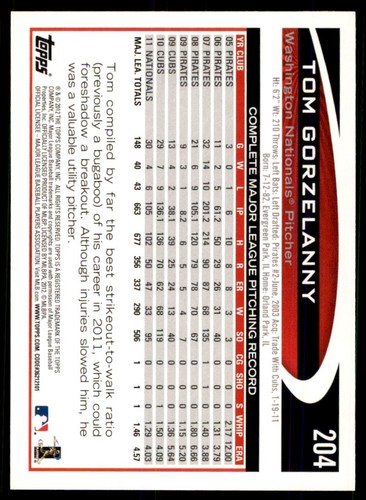 2012 Topps Tom Gorzelanny A Baseball Cards #204 - Picture 2 of 2
