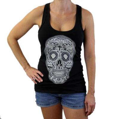 Women's Black Racerback Cotton Tank Top with Black and White Sugar Skull DOD