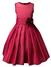 Girls Sheer Neckline Satin Tea Length Flower Girl Dress for Wedding Easter
