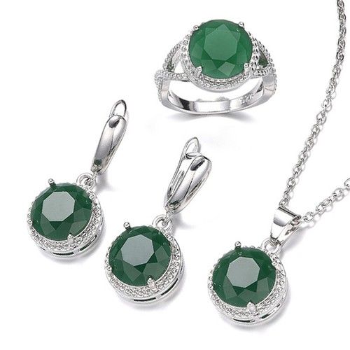 3pc Set Jade Green Citrine Gems Charm Women Silver Necklace Earring Ring Set - Picture 5 of 6