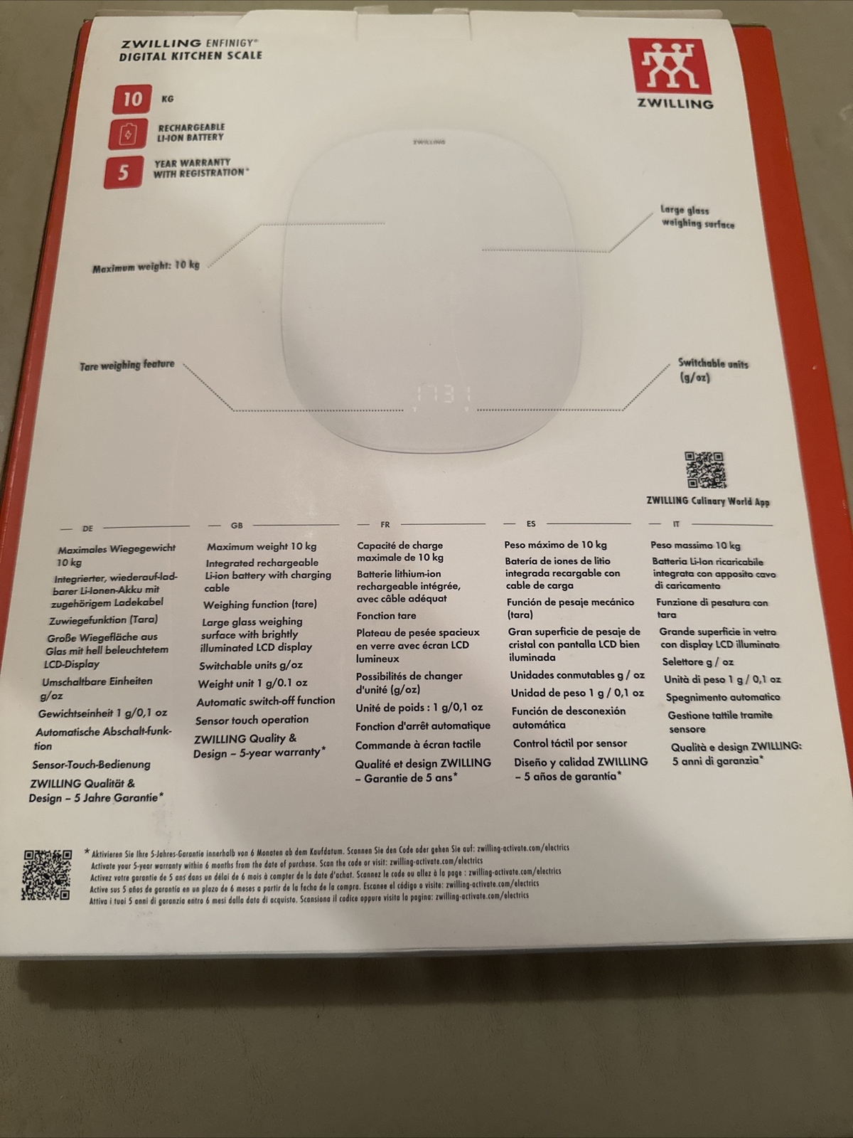 ZWILLING Enfinigy Digital Kitchen Food Scale Max weight 22lbs Grams