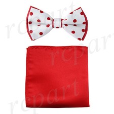 New Men's Pre-tied Bowtie And Red Hankie Set Two Tone Formal White Polka Dot