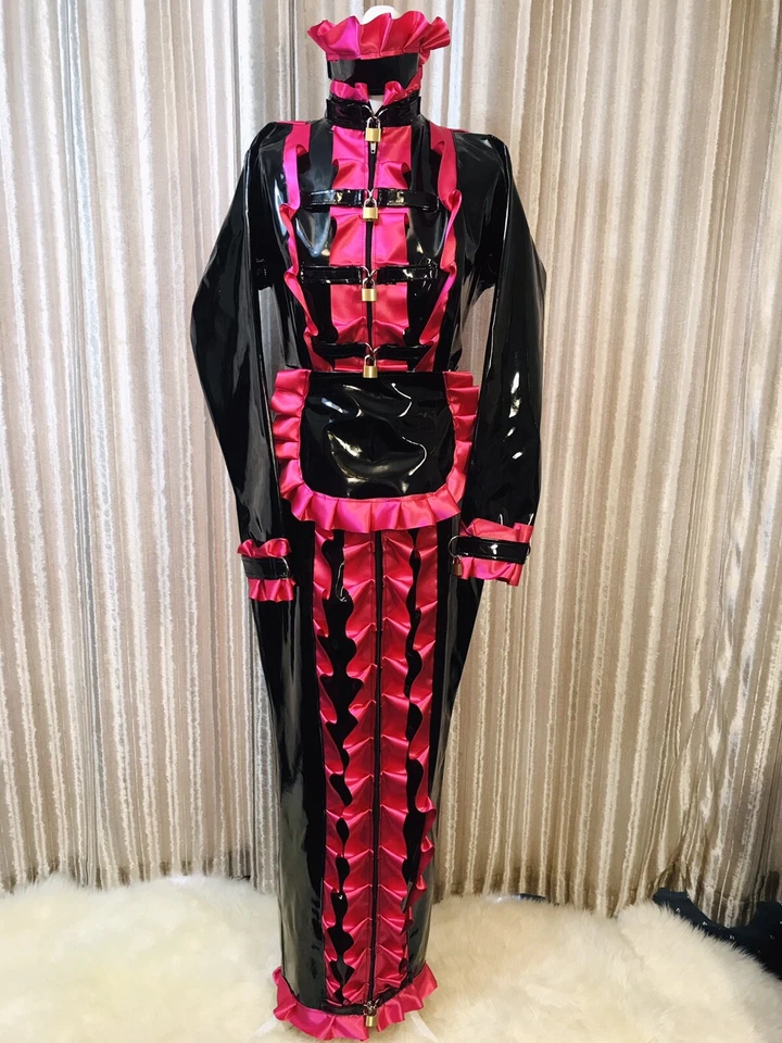 Misfitz blk PVC & pink satin lockable sissy Maids hobble dress. SIZE 18. CD TV - Image 4 of 4