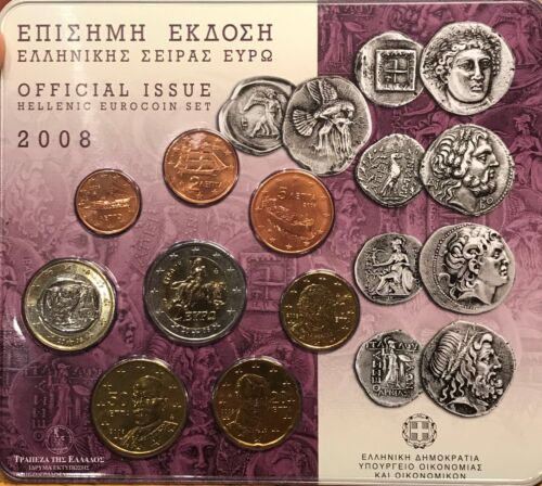 Greece 2008 Hellenic Euro Set Official Issue 8x Coin 1c-€2 BU/UNC w/ Holder C025