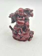 Vintage Laughing Buddha Figurine Holding Sack and Ruyi Scepter, Red Resin/Cinnabar-Style, ~4 inches — listing 4