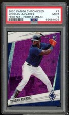 Yordan Alvarez Rookie Card 2020 Panini Chronicles Phoenix Purple Mojo #2 PSA 9