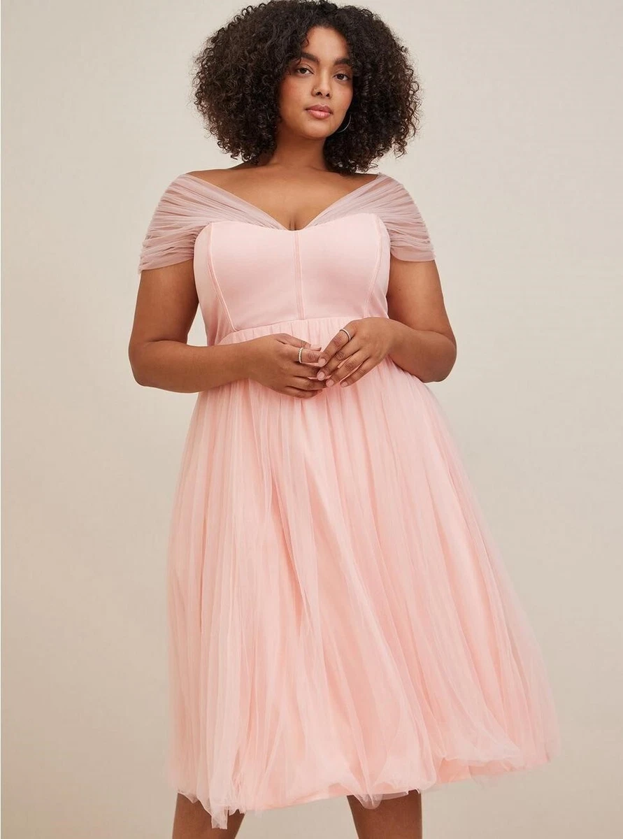 TORRID Pink Midi Tulle Dress Drape Shoulder FIT FLARE NWT New