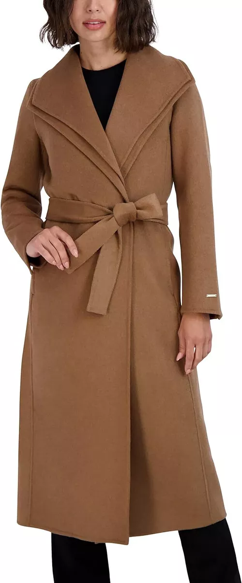 TAHARI Womens Maxi Double Face Wool Blend Belted Long Sleeves Wrap Coat  Camel