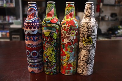 Mountain Dew Green Label Art Collectable Aluminum Bottles Lot Of 4
