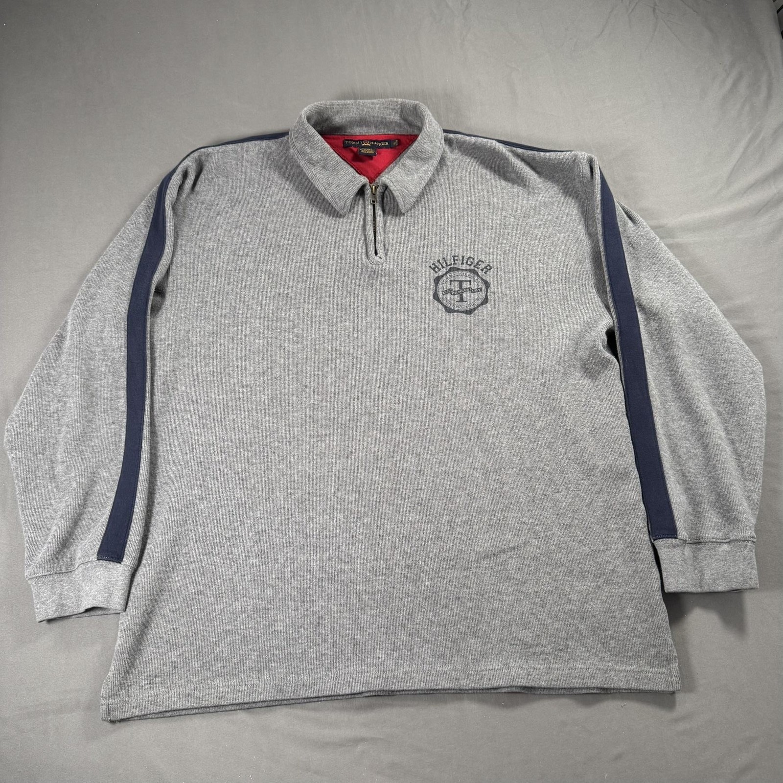 Tommy Hilfiger Sweater Mens XL Quarter Zip Pullover Gray Crest Vintage Inspired