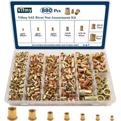 SAE Rivet Nut Assortment Kit880 Pcs, #632#832#1024 1/4''20 5/16''18 3/8''16 1/2''...
