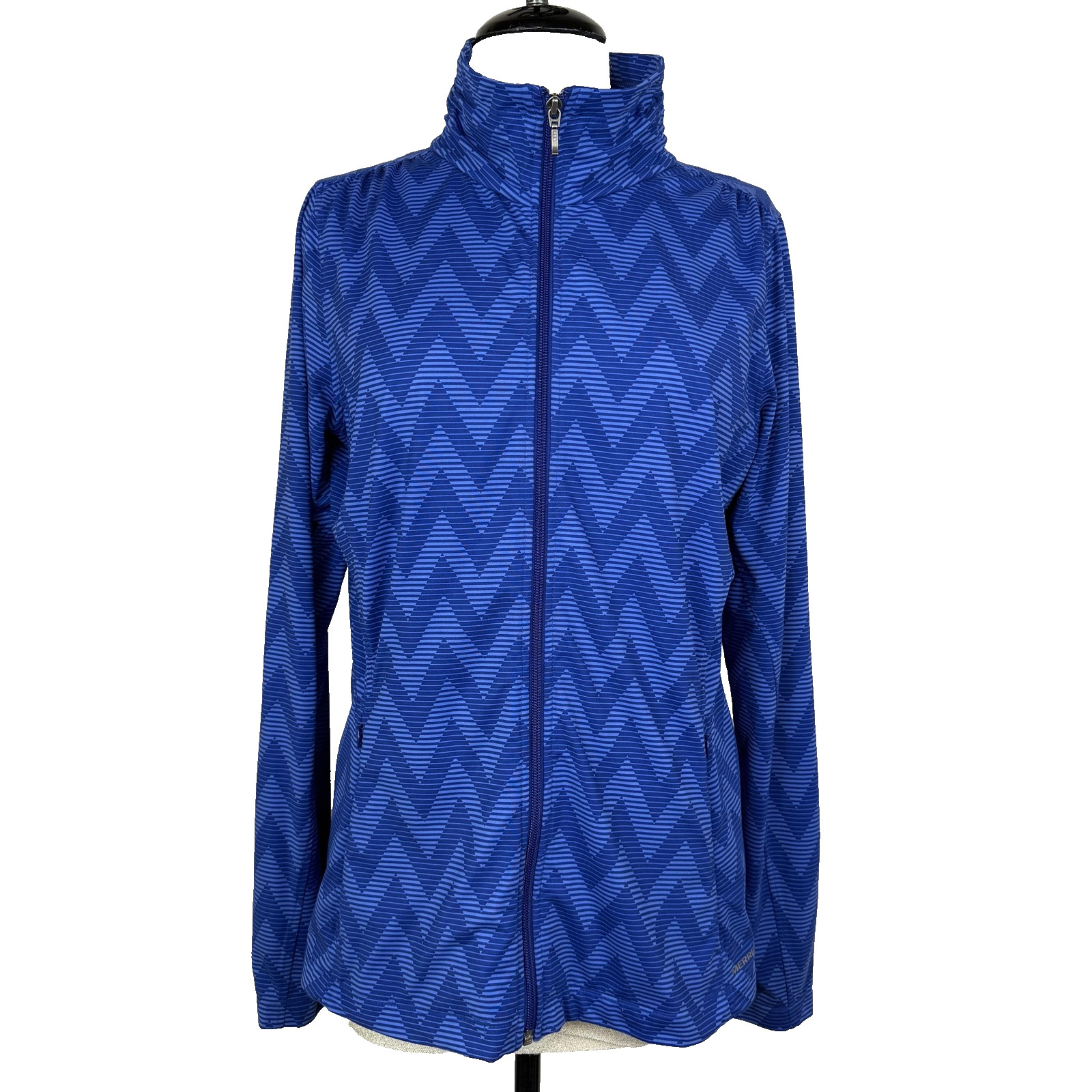 Merrell Track Jacket Womens L Blue Chevron Opti-Wick UPF 50 Full Zip Running