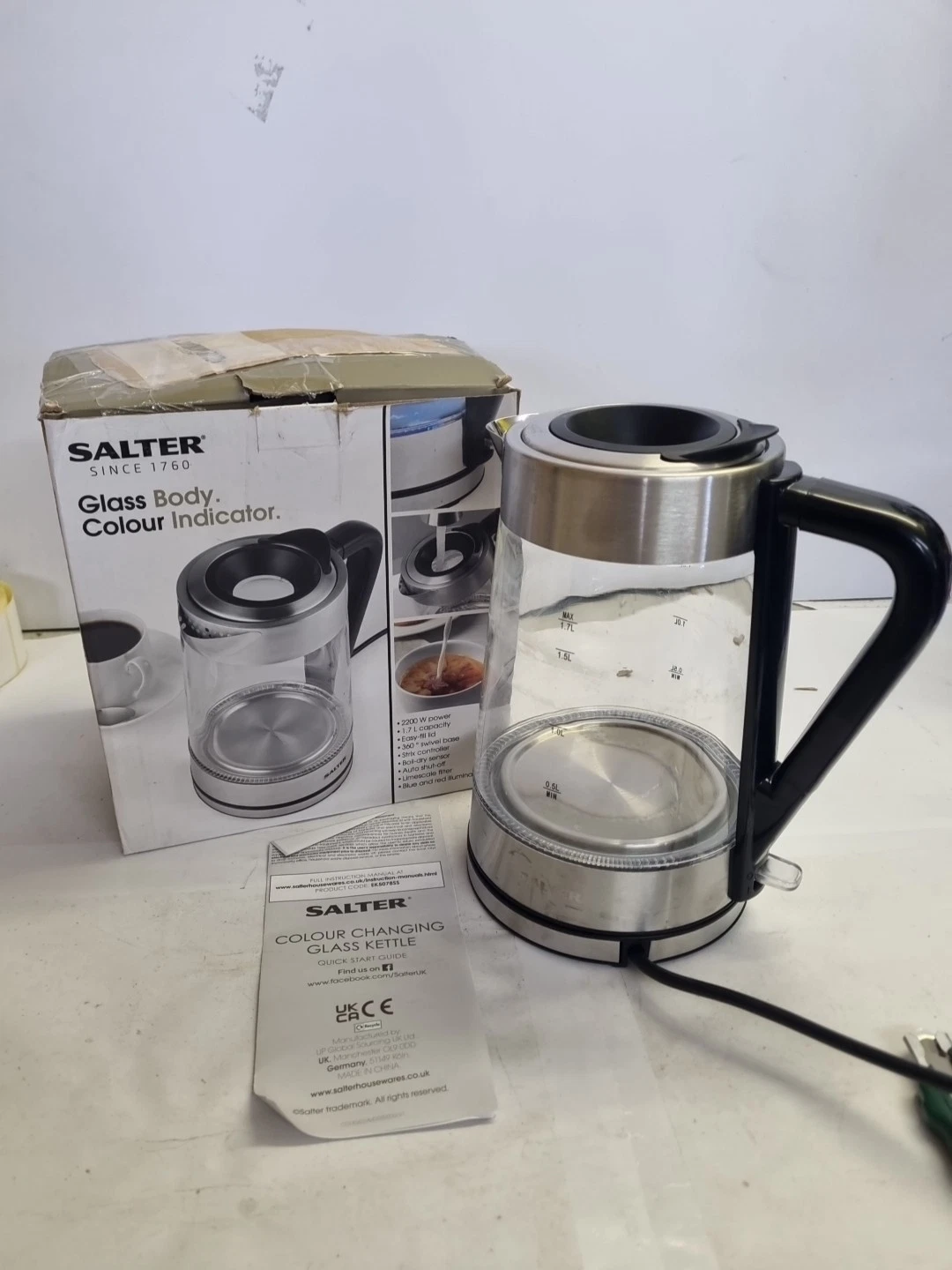 Salter Glass Electric Kettle Easy-Fill Lid Colour Indicator 1.7 L Capacity R1001