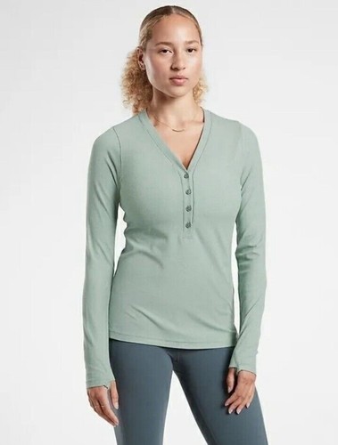 Athleta Top Womens Sz XS Green Uptempo Ribbed Henley Thermal Long Sleeve