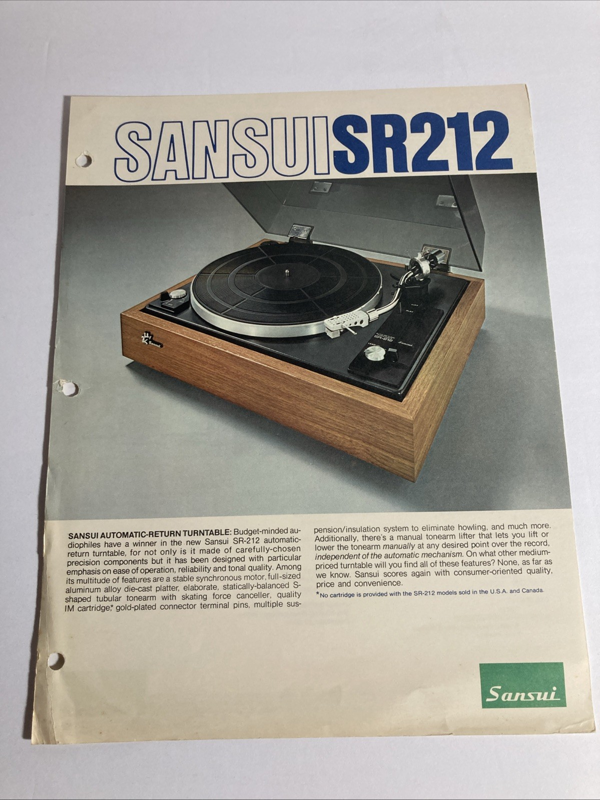 Sansui SR212 Vintage Turntable Specifications Sheet Original