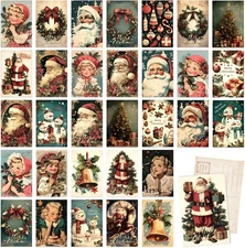 32 Vintage Christmas Postcards, Santa Claus Snowman Reindeer Pattern, 4 x 6 Inch