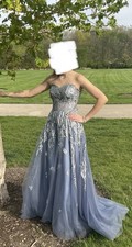 Blue Silver Strapless Formal Evening Gown with Elegant Floral Silver Embroidery
