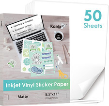 Koala Printable Vinyl Sticker Paper for Inkjet Printer - 50 Sheets Matte White W