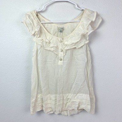 Odille Anthropologie Ivory Ruffle Pom Pom Button Blouse Top Women's 4 Cottage