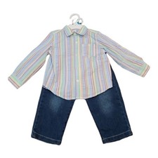 Little Me Outfit Baby Boy 12 Months Blue Jeans and Striped Button Down Shirt