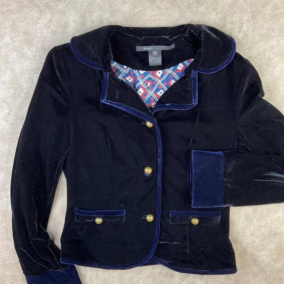 Chaqueta Blazer Marc Jacobs Terciopelo Y2K Botón Frontal Negro Azul Borde Retro Mujer S Foto 2 de 4