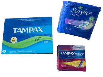 Lot Of 56 Tampax Super & Regular tampons & 16 Stayfree Ultra ThinOvernight Pads.