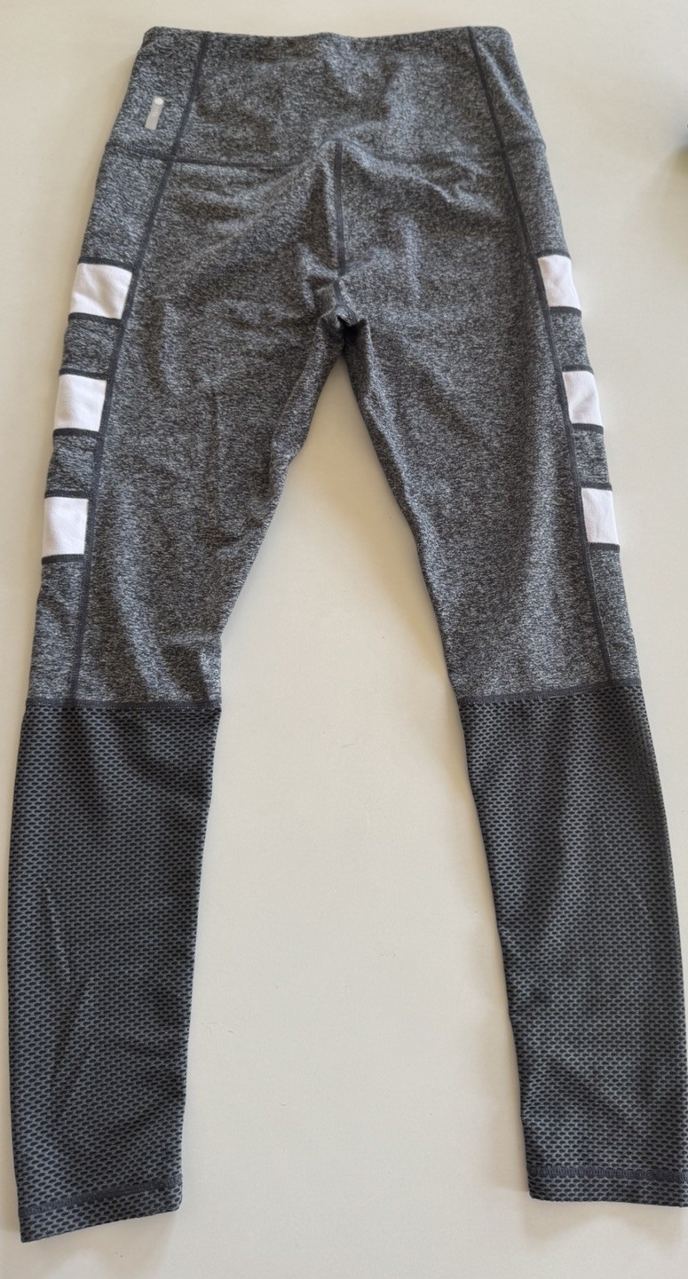 Zella Womens Medium Gray White Stripe Mesh Panel Athletic Leggings Yoga Pants