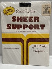 VTG NOS Extra Width Sheer Support Queen Size Pantyhose Black Made USA 1x-2x