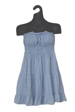Light Blue Strapless Smocked Mini Dress Tiered Ruffle Boho Summer Size M