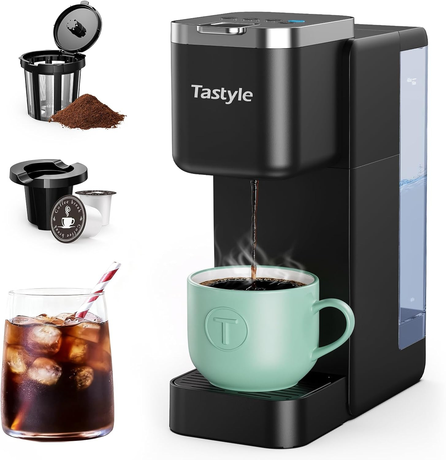 Single Serve Coffee Maker, Iced and Hot Coffee Machine for K Cup & Grounds, Com