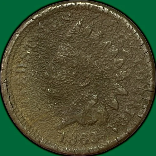 1863 Indian Head Cent Fine F Coin, Corrosion #35381
